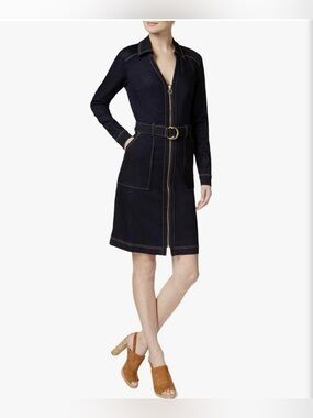 INC International Concepts Navy Zip-Front Shirt Dress with Belt